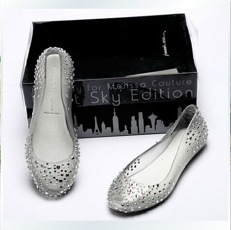 2014 Free Shipping Ladies Melissa Chili Diamond Crystal flat heel Sandals Women Fish Mouth Transparent Jelly