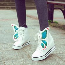 2014 new star butterfly lace wings women wedge canvas sports shoes designer black/white casual high heel sneakers Free shipping