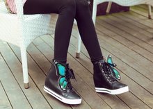 2014 new star butterfly lace wings women wedge canvas sports shoes designer black white casual high