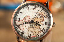 2014 new fashion watch and jewelry PU bands orange color world map printing glass dial unisex