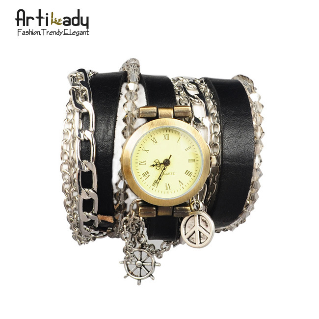 Artilady retro black leather wrap wrist watch charm iron layer stack wristwatch with helm design women