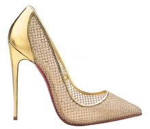2014 New Arrive hot sale pointed-toe pump in gold mirrored leather black suede with a sheer fishnet front women sandals shoes