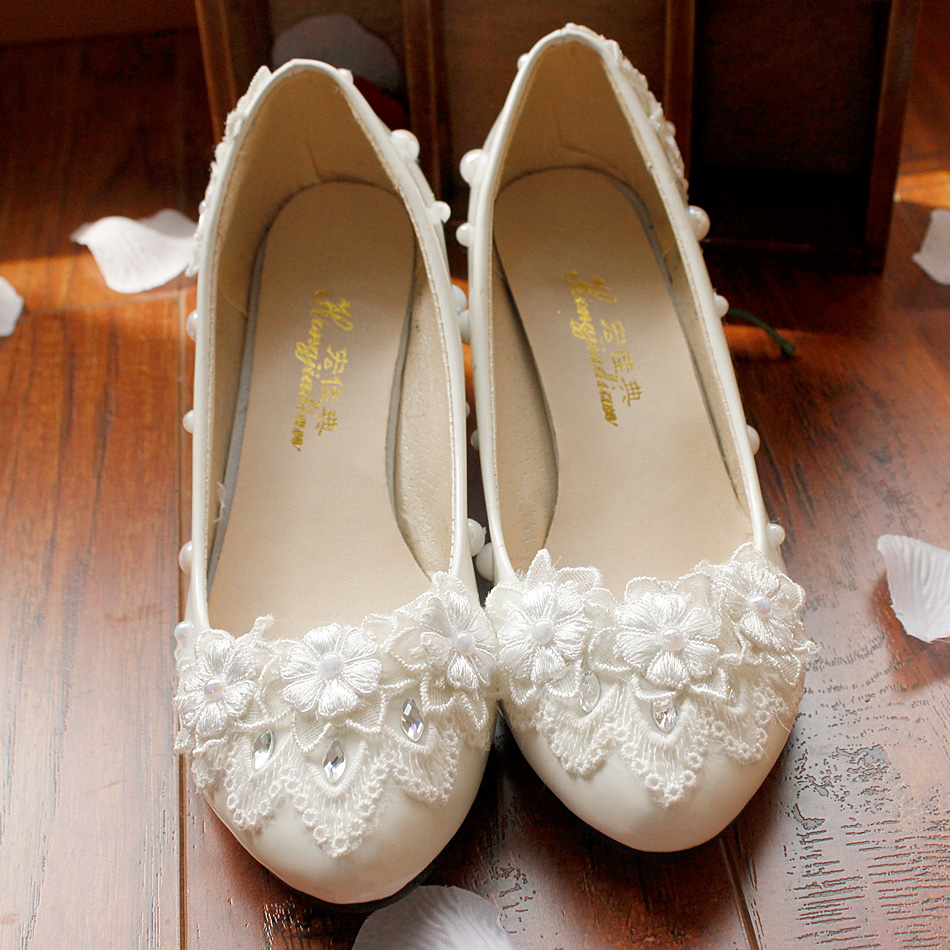Handmade bride wedding shoes white lace flowers high heels shoes married pumps