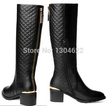 2014 Winter Womens Genuine Leather Fashion plaid deco knight Long Thigh boots motorcycle brand boots size 35-43 free shipping