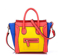 High Quality 2014 New Smiling Face Women Trapeze Bag Geniune Leather Tote Shoulder Bag with Patchwork