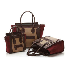 High Quality 2014 New Smiling Face Women Trapeze Bag Geniune Leather Tote Shoulder Bag with Patchwork