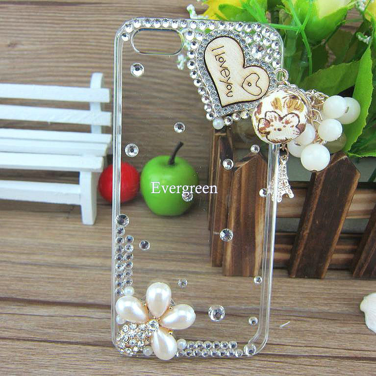 New Rhinestone Heart Pearl Flower Eiffel Tower Pendant Mobile Phone Accessories Shells Cases Cover For I