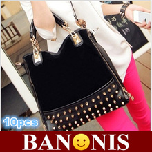 2014 new leisure fashion leather handbags, single shoulder bag, scrub rivet women messenger bag, black and blue,10x