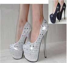 Women’s 16cm high heels sexy closed toe platform rhinestone sexy wedding shoes silver black pumps