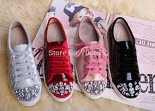 New Arrival free shipping womens real patent leather brand flat crystal rhinestone toe leisure sneaker lace-up trainers shoe