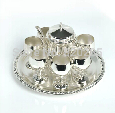 High quality European style shiny silver finish coffee set 1 set 1 plate 1 pot 6