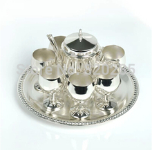 High quality European style shiny silver finish coffee set, 1 set= 1 plate+1 pot+ 6 cups, metal tea set/wine set