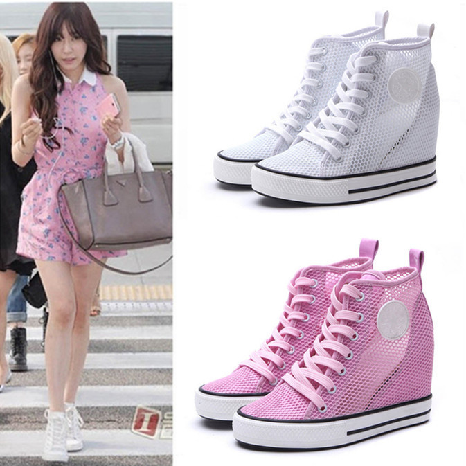 Free ship 2015 Air Mesh Wedges Sneakers Breathable Mesh Fabric Height Increasing 6cm Hollow Women s