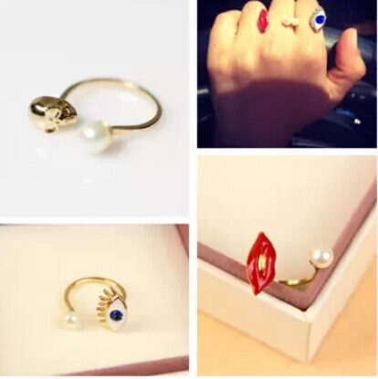new arrival pearl sexy red lip evil blue eye skull skeleton opened cuff Ring JZ 021