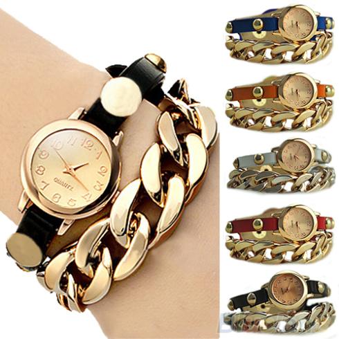 New Arrived Women s Punk Golden Dial Faux Leather Chain Analog Quartz Bracelet Wrist Watch 0EAJ