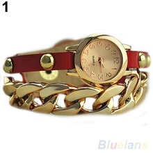 New Arrived Women s Punk Golden Dial Faux Leather Chain Analog Quartz Bracelet Wrist Watch 0EAJ