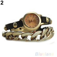 New Arrived Women s Punk Golden Dial Faux Leather Chain Analog Quartz Bracelet Wrist Watch 0EAJ