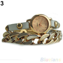 New Arrived Women s Punk Golden Dial Faux Leather Chain Analog Quartz Bracelet Wrist Watch 0EAJ