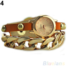 New Arrived Women s Punk Golden Dial Faux Leather Chain Analog Quartz Bracelet Wrist Watch 0EAJ