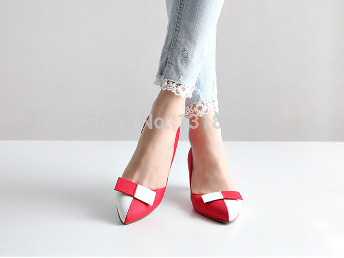 2014 Spring Summer Fashion Women High Quality Patchwork Bowtie Leather Pointed Toe MID Heels with low