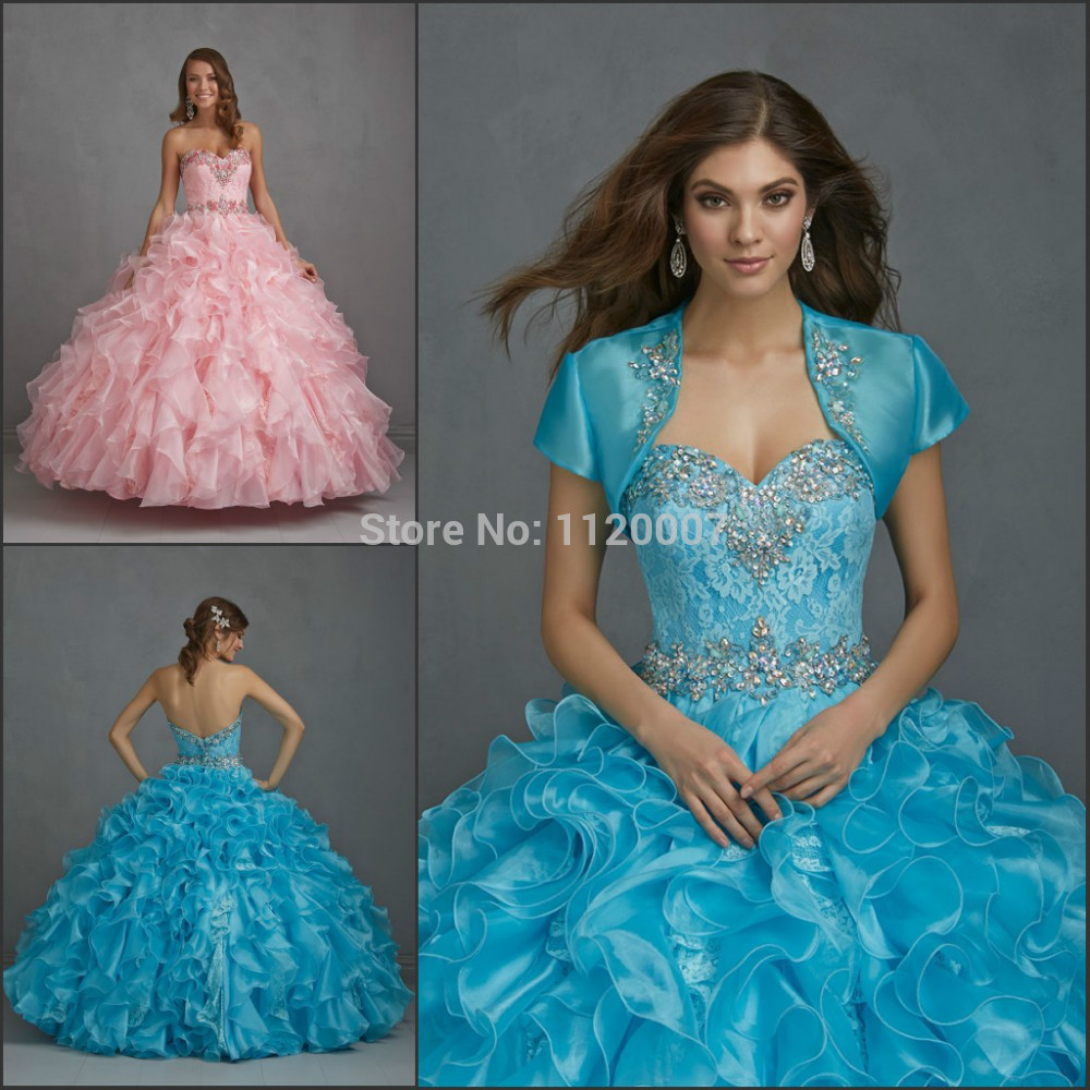 Custom Made Organza Ruffles Lace Crystals Pink Quinceanera Dresses Ball Gowns with Jacket Blue Vestidos De