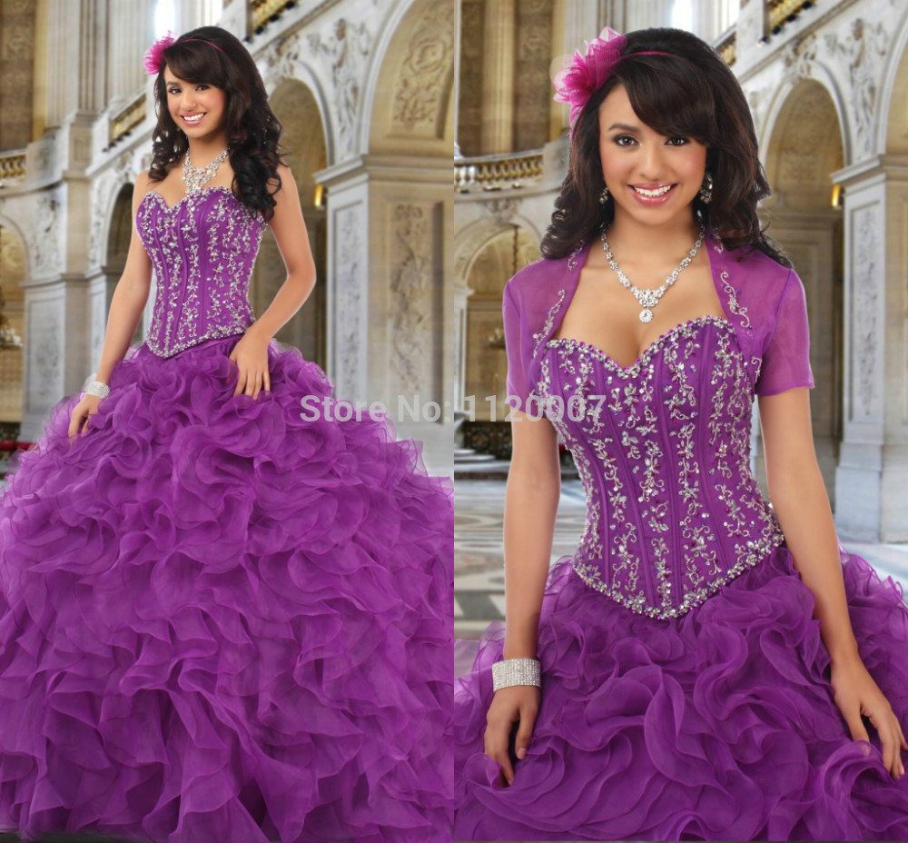 Luxurious Sweetheart Beaded Crystals Ruffles Plus Size Newly Purple Vestidos De Quinceanera Dresses Ball Gowns 2014