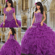 New Arrival Free Shipping Bandage Vestidos De Quinceanera 2014 Purple with Jacket Ball Gowns Beaded Quinceanera Dresses 2014