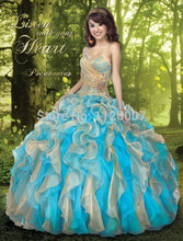 Artistic Ball Gowns Sweetheart Beaded Crystals Organza Ruffles Sexy Vestidos De Quinceanera Dresses 2014 Turquoise Bandage
