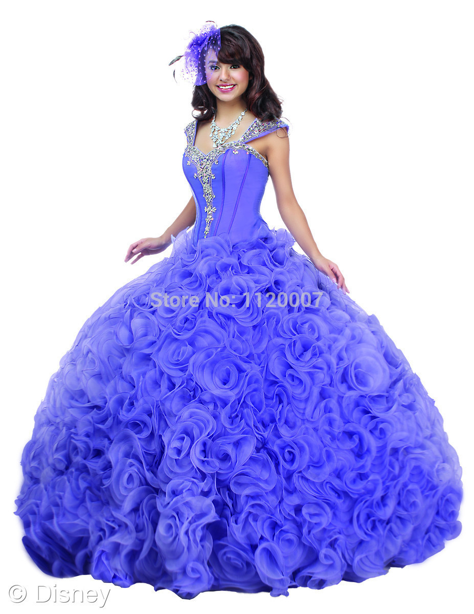 Princess Roses with Straps Beads and Rhinestones Purple Vestidos De Quinceanera 2014 Ball Gowns Quinceanera Dresses