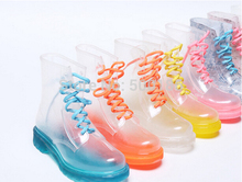 NWT 2014 PVC Transparent Womens Colorful Crystal Clear Flats Heels Water Shoes Female Rainboot Martin Rain