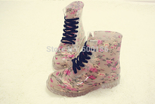 NWT 2014 PVC Transparent Womens Colorful Crystal Clear Flats Heels Water Shoes Female Rainboot Martin Rain