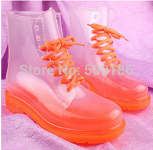 NWT 2014 PVC Transparent Womens Colorful Crystal Clear Flats Heels Water Shoes Female Rainboot Martin Rain