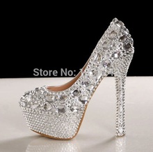 2014 Fashionable Basic Round Toe Platform Silvery Crystal High Heels Pumps Women Shoes Bridal Wedding Shoes Designer