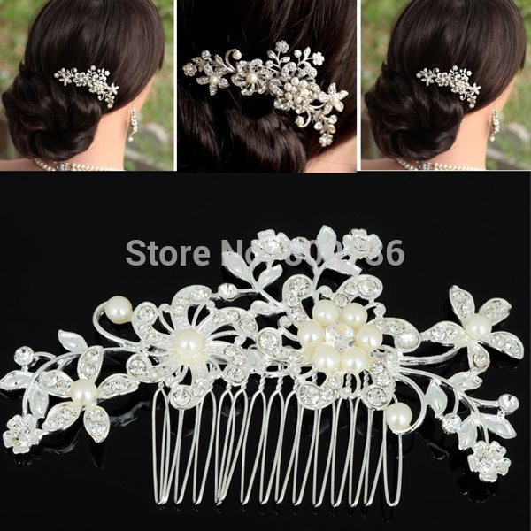 1PC Fashion Girls Womens Crystal Elegant Silver Wedding Bridal Hair Comb Pearl Hair Pin Clip Clothing