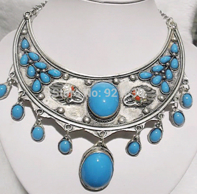 Girl s Fine Gift pretty tibet silver inlay turquoise jewlery necklace AAA Silver Hook Jewelry Necklaces