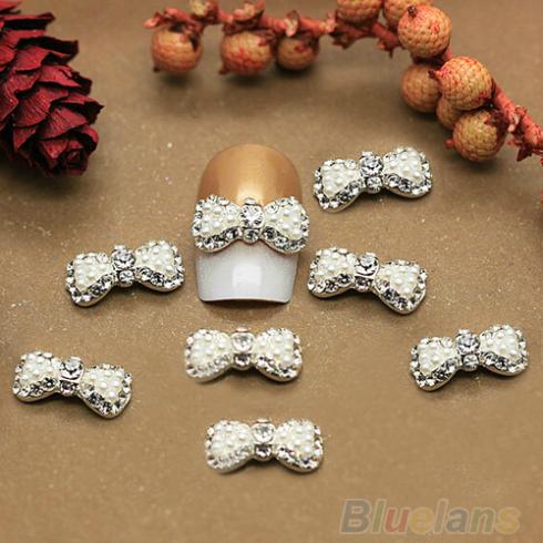 10 x Womens Rhinestone Pearl Bow 3D Nail Art Tips Stickers Decoration Jewelry DIY decoration 00XL
