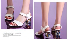 White thick heel women s shoes sandals female first layer cowhide rhinestone sandals size 33 42