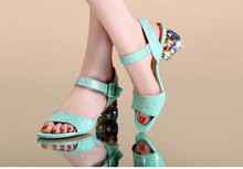 White thick heel women s shoes sandals female first layer cowhide rhinestone sandals size 33 42