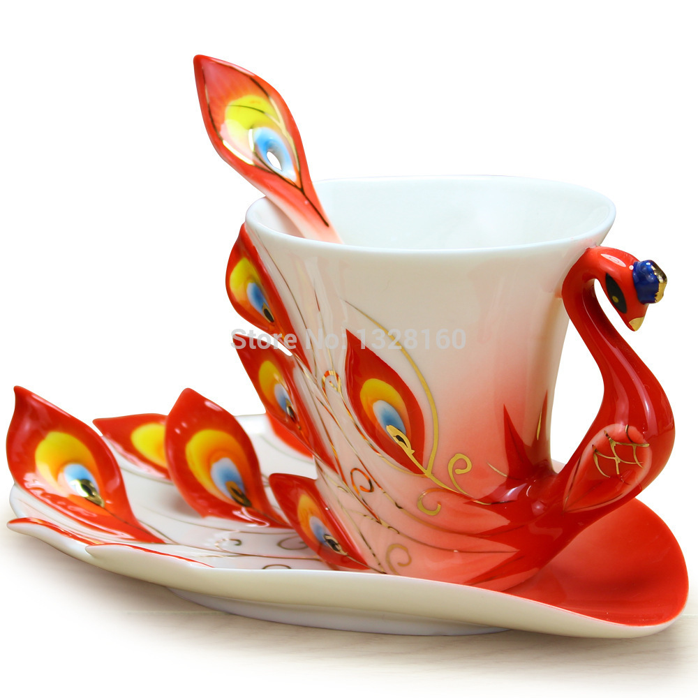 3PCS Canna porcelain peacock Coffee Set Cup Saucer Spoon wholesale
