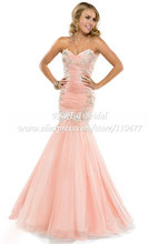 New Designer Appliques Pleated Corset Chiffon Peach Prom Dress Mermaid JR712 Sexy Open Back