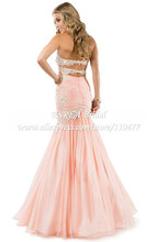 New Designer Appliques Pleated Corset Chiffon Peach Prom Dress Mermaid JR712 Sexy Open Back