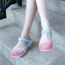 Hot selling 2014 Color gradient Mary Jane jelly shoes slippers thick bottom hole shoes lady sandals