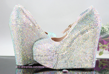 Custom Design rainbow Crystal Wedge Wedding Shoes for bridal party high heel platform dress wedges with AB rhinestones high heel
