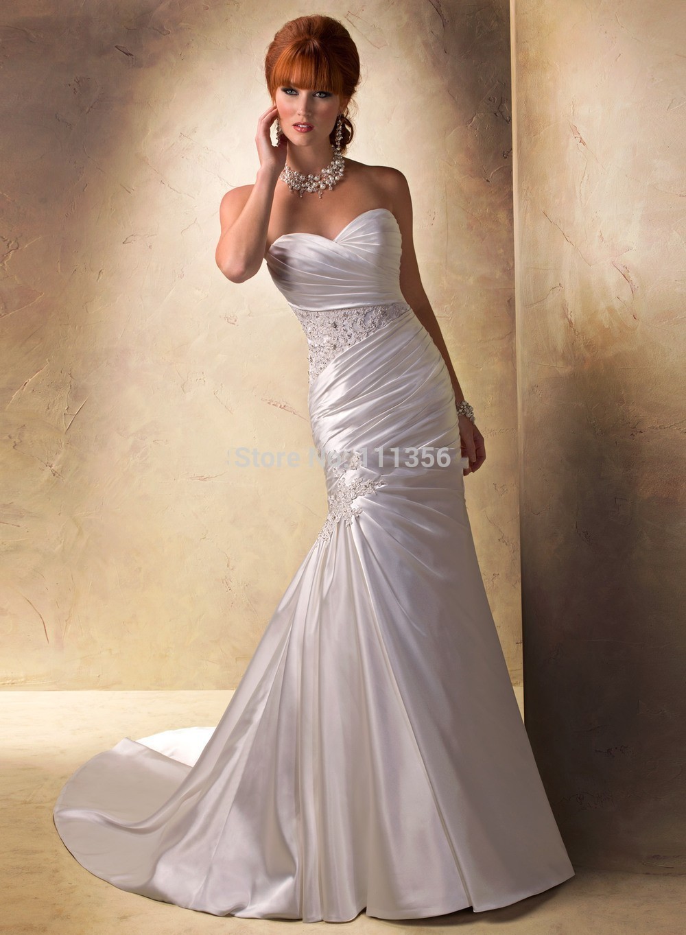 Bridal Mermaid Dresses Sweetheart Satin Ruched Appliques Beaded Wedding Dresses