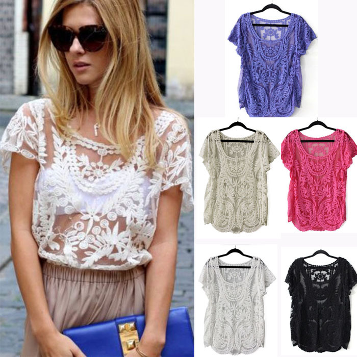 Fashion Womens Floral Semi Sheer Shirt Sleeve T Shirt Lace Crochet Top Blouse Anne