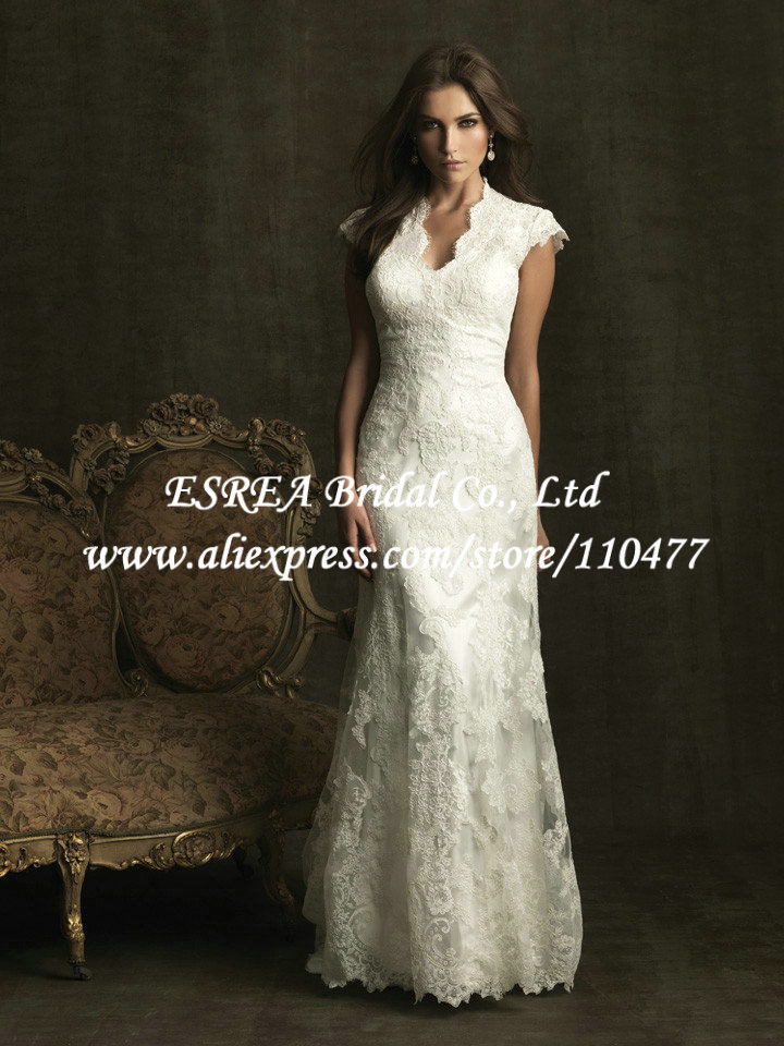 Alluring High Collar Vintage Lace Wedding Dress with Sleeves RG1430 Sheath Modest Bride