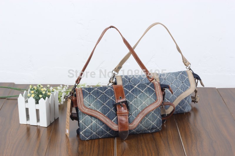 2014 New Vintage Fashion Plaid Jeans 100 Cotton Women HandBags Shoulder Totes For Female Free Shipping
