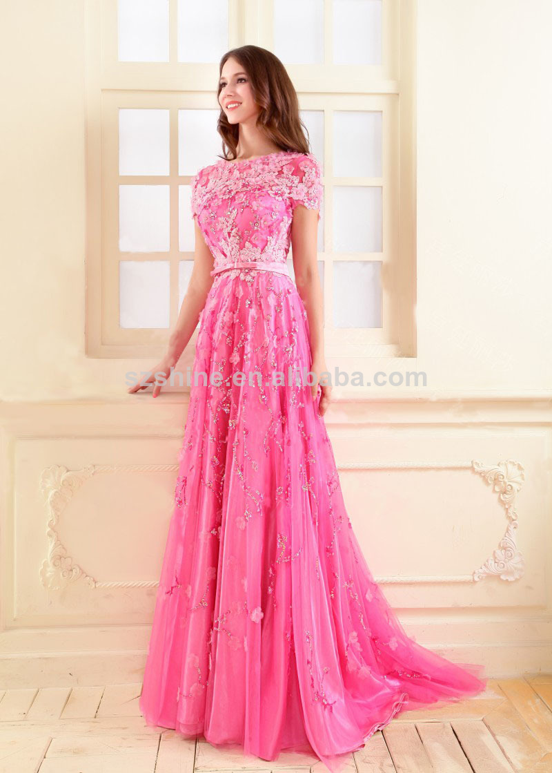 Long pink short sleeve dress