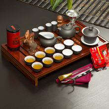 Free Shipping Drinkware KungFu Tea Set Wood Tea Tray 32 Pcs Sets Purple Clay TeaPot Gaiwan