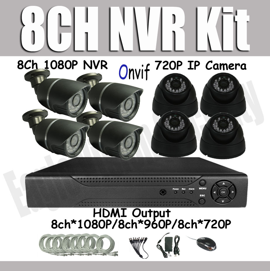 8CH 1080P NVR Kit Dome&Outdoor IP Camera 1280*720 IR Cut PC&Mobile Phone View HDMI Output Security NVR System Support P2P Onvif